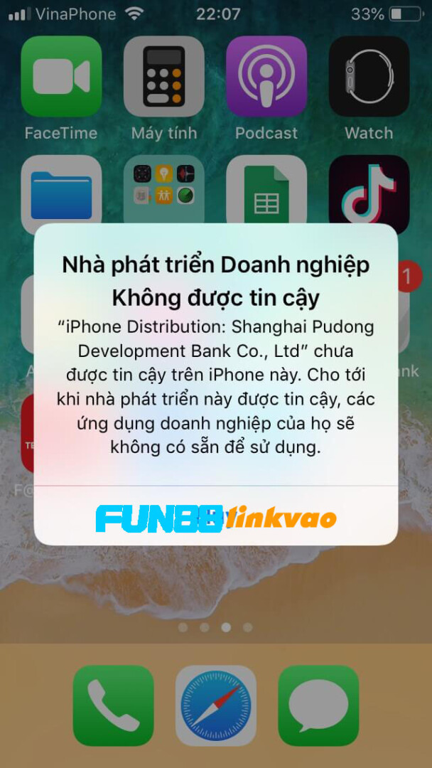 Thông báo cần cấp quyền cho tải App Fun88