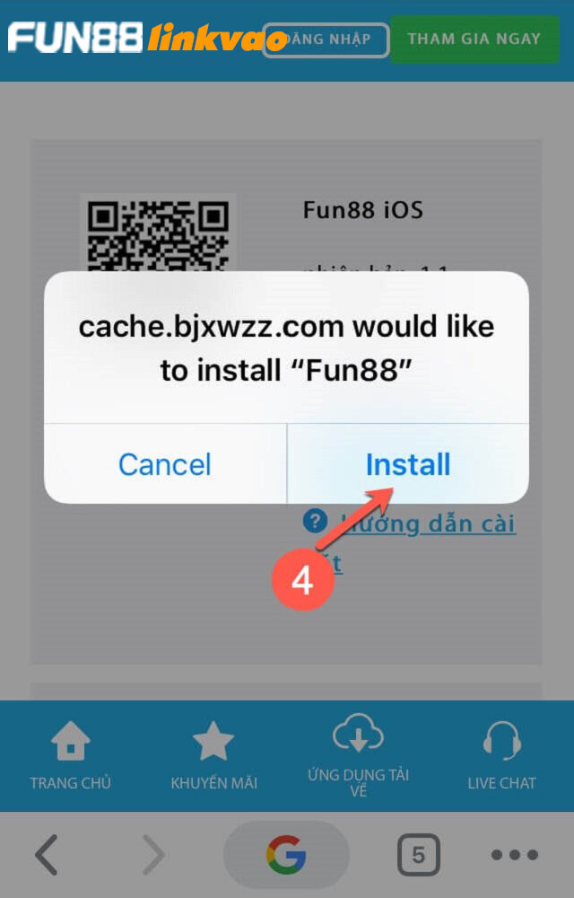 Nhấn Install để cài đặt Fun88